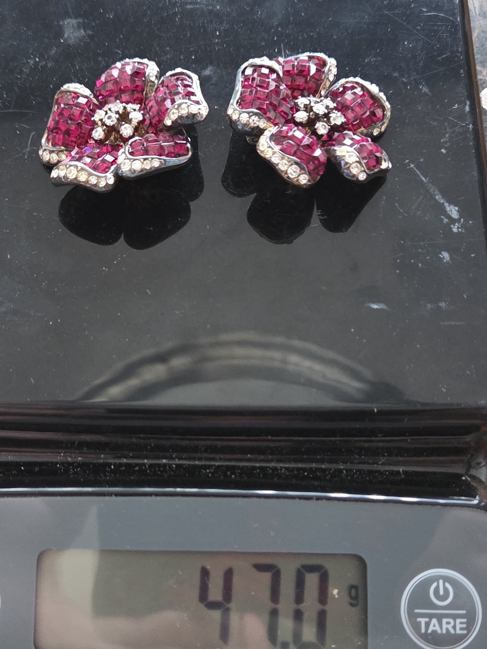 Sterling Silver From Germany Invisible Set Ruby Red Flower Clip-On Earrings 47g - Picture 10 of 11
